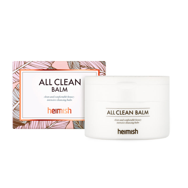 Hvid krukke og mønstret æske af Heimish All Clean Balm med bladmønster og produktnavn.