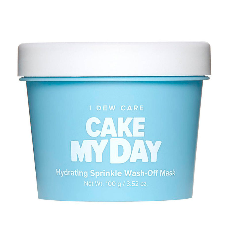 Blå beholder med teksten "I Dew Care - Cake My Day", en fugtgivende maske, 100 g.