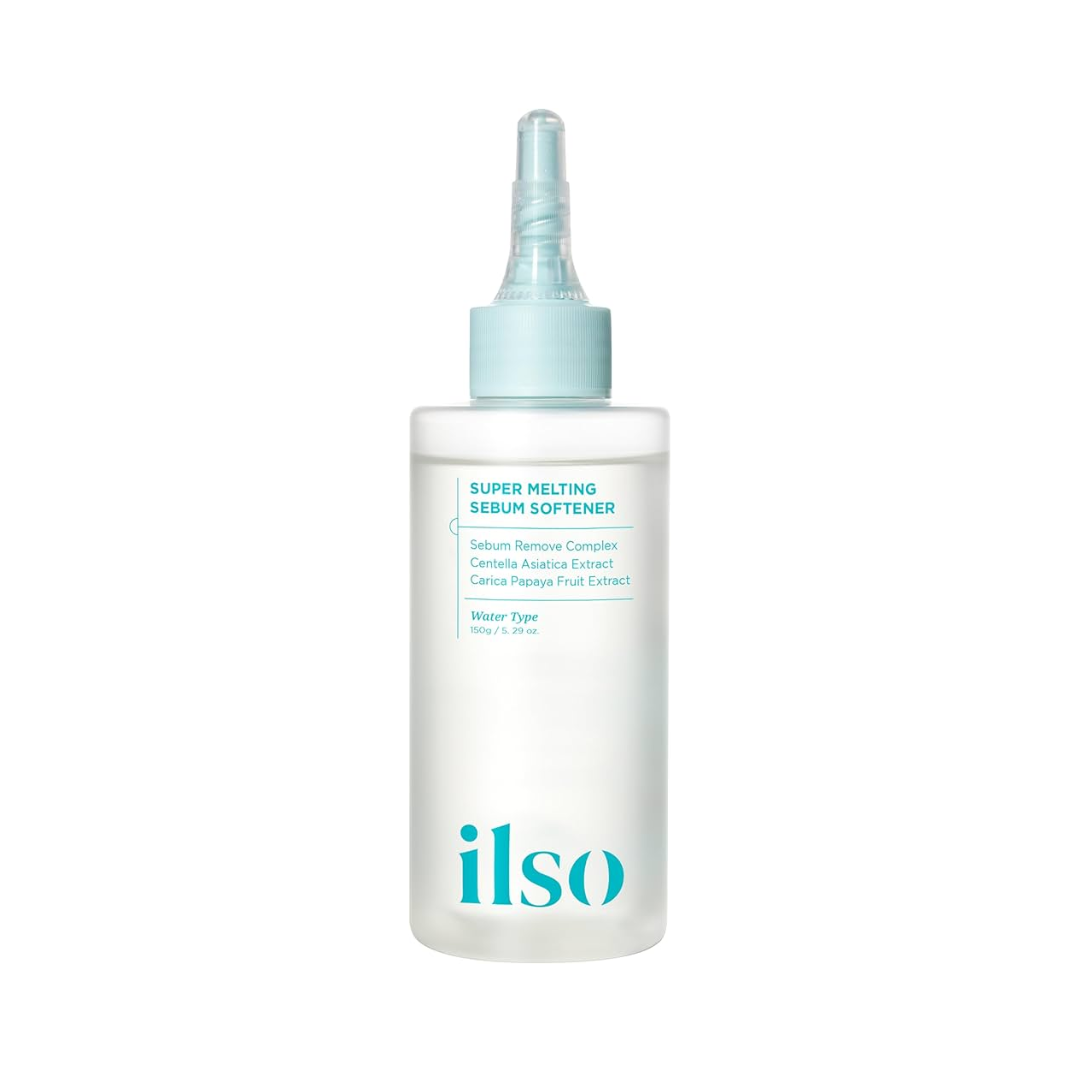 Klar flaske med blå hætte, mærket "ilso Super Melting Sebum Softener" og ingrediensliste.