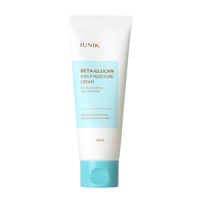 Hvid tube med blå sektion; iUNIK Beta-Glucan Daily Moisture Cream, 60ml, fugtgivende ansigtscreme.