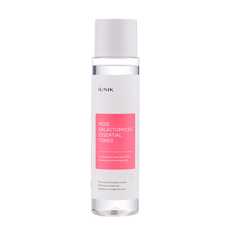 Klar flaske med hvid hætte, pink etiket med "iUNIK Rose Galactomyces Essential Toner" i hvid tekst.