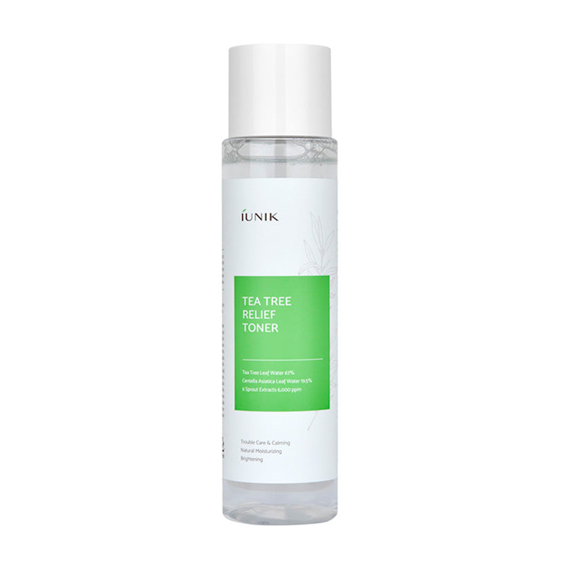 Klar flaske med hvidt og grønt mærkat, iUNIK Tea Tree Relief Toner, 200 ml.