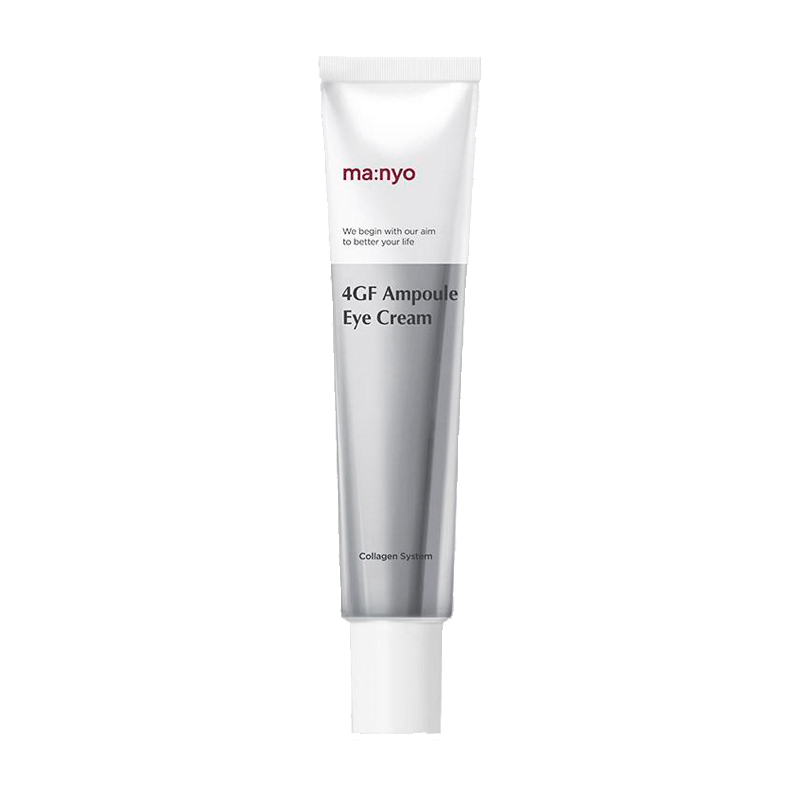 Sølvfarvet tube med Manyo 4GF Eye Cream, hvid hætte og sort tekst på fronten.