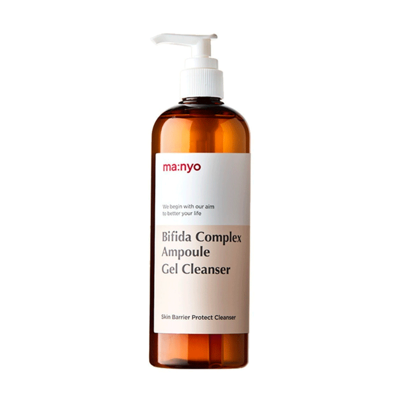 Brun flaske med hvid pumpe, etiket med "Manyo Bifida Complex Ampoule Gel Cleanser".