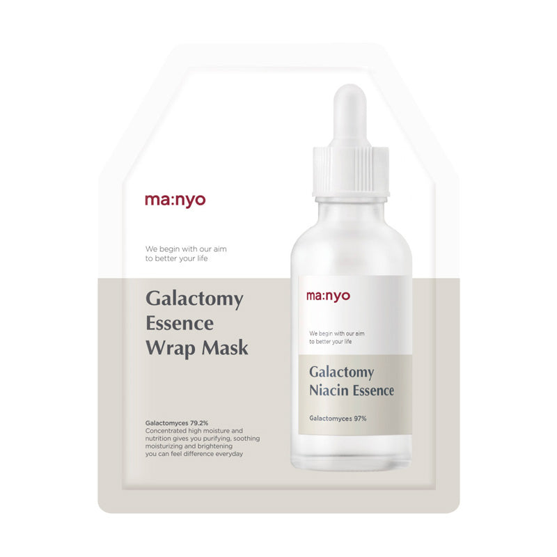 Produktpakke med Manyo Galactomy Essence Wrap Mask og flaske med Galactomy Niacin Essence.
