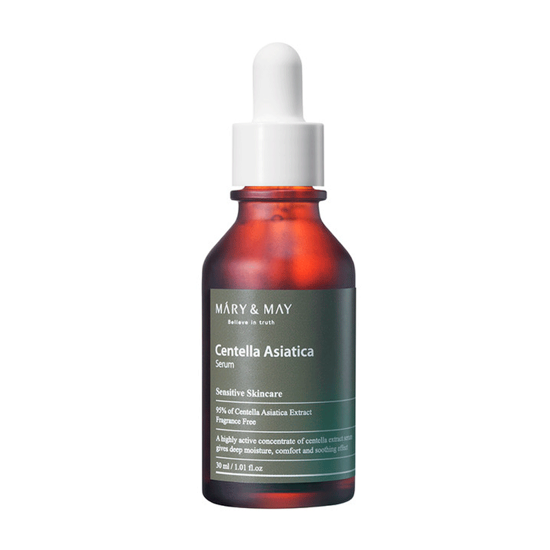 Brun dråbeflaske med etiket "Mary & May Centella Asiatica Serum" og produktinformation.