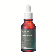 Brun dråbeflaske med etiket "Mary & May Centella Asiatica Serum" og produktinformation.
