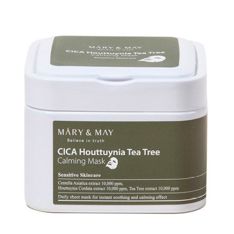Hvid beholder med grønt mærkat, "Cica Houttuynia Tea Tree Calming Mask" af Mary & May.