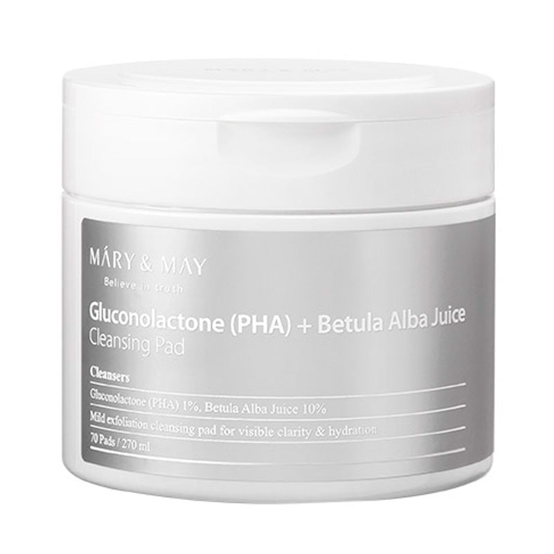 Hvid beholder med Mary&May Gluconolactone (PHA) + Betula Alba Juice Cleansing Pad, 70 pads, 270 ml.