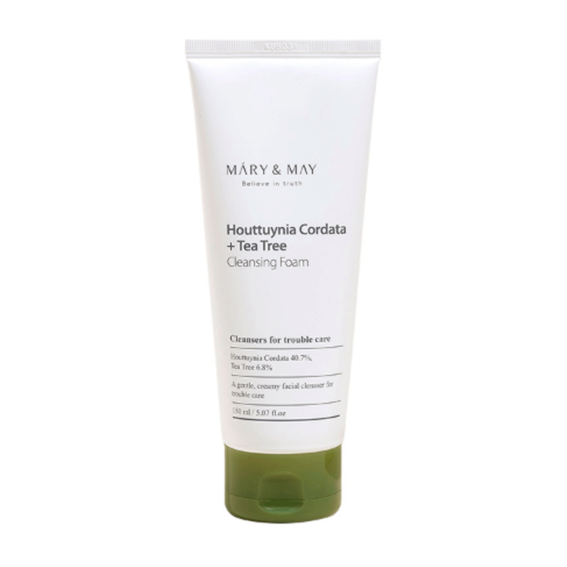 Hvid tube med Mary&May Houttuynia Cordata + Tea Tree Cleansing Foam, grøn hætte, 150 ml.