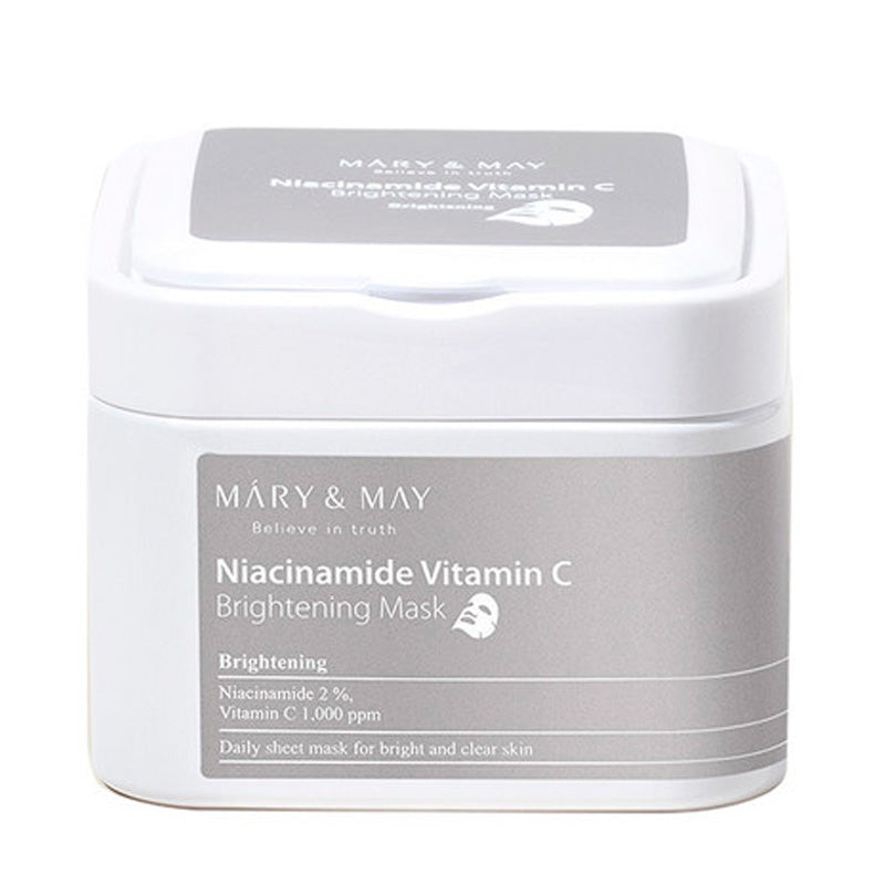 Hvid beholder med "Mary&May Niacinamide Vitamin C Brightening Mask" label.