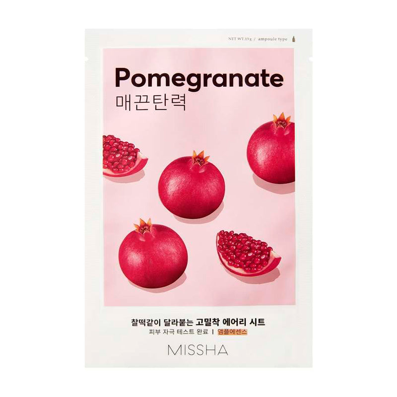 Maske med granatæblemotiv og teksten "Pomegranate". Pink baggrund, Missha-logo nederst.
