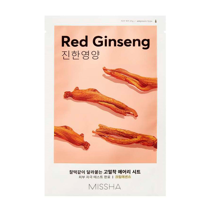 Missha Airy Fit Sheet Mask-pakke med billeder af rød ginseng på lys baggrund.