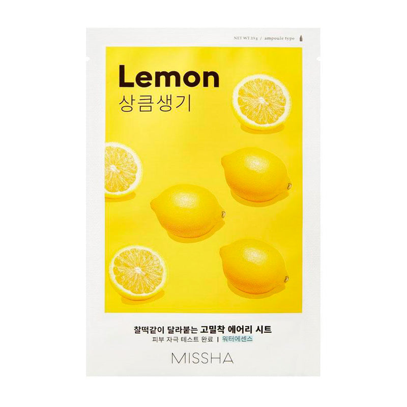Missha Airy Fit Lemon Sheet Mask med citroner og koreansk tekst på gul baggrund.
