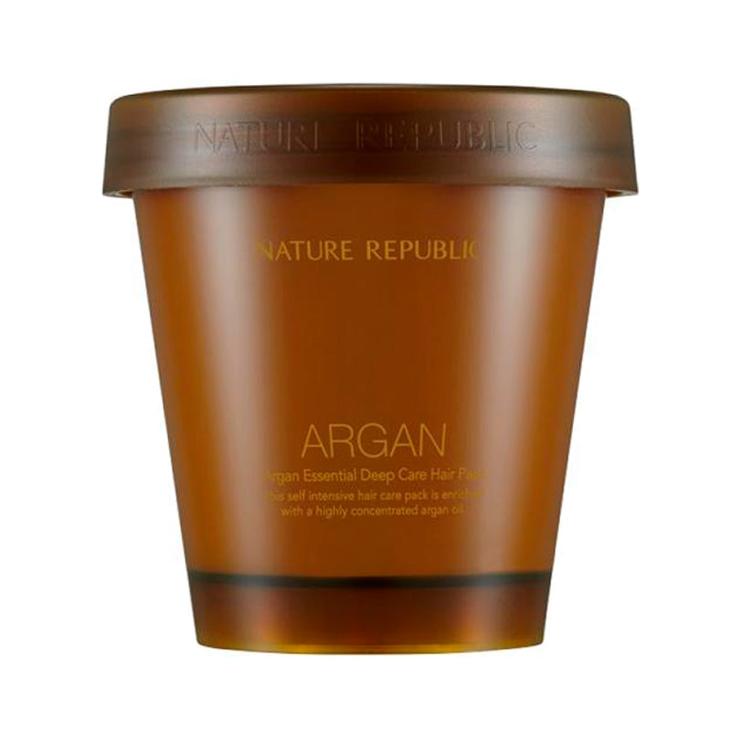 Brun beholder med låg, gylden tekst: "Nature Republic" og "Argan Essential Deep Care Hair Pack."