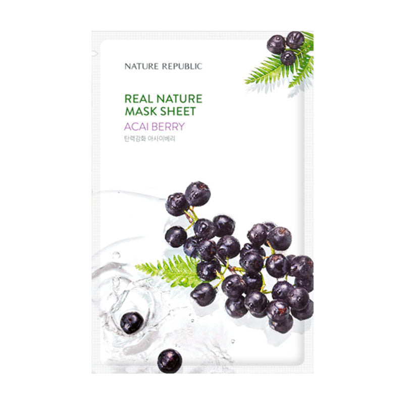 Pakke med acaibær og grønne blade, tekst: "Nature Republic Real Nature Mask Sheet Acai Berry".