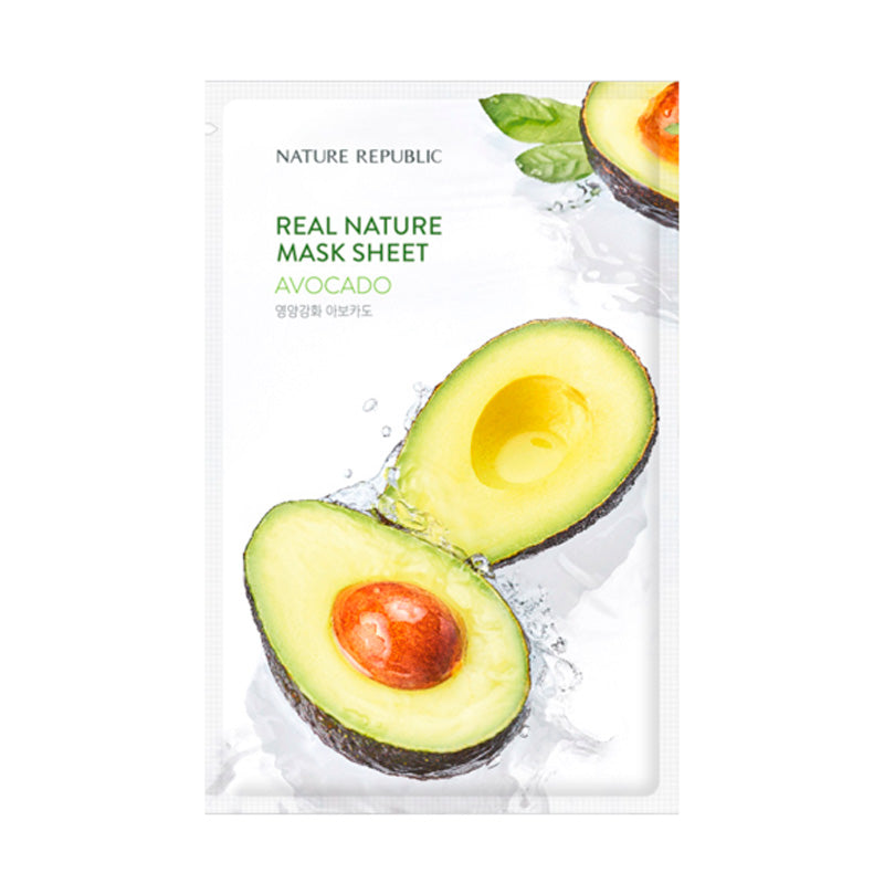 Pakke af Nature Republic avokado maske, billede af delt avocado med kerne og vandstænk.