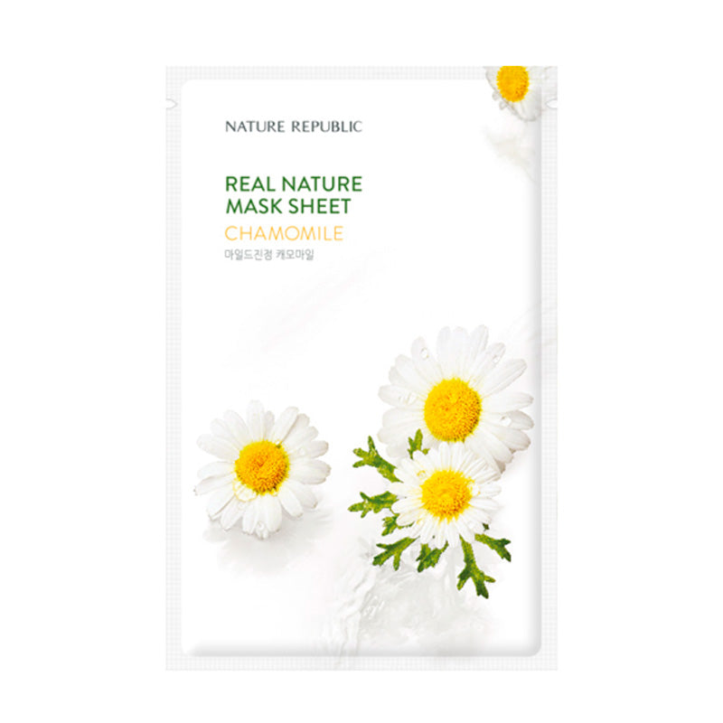 Pakke med kamilleblomster, tekst "Nature Republic Real Nature Mask Sheet Chamomile".