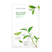 Emballage til Nature Republic maske med grønne teblade og produktnavn i grøn tekst.
