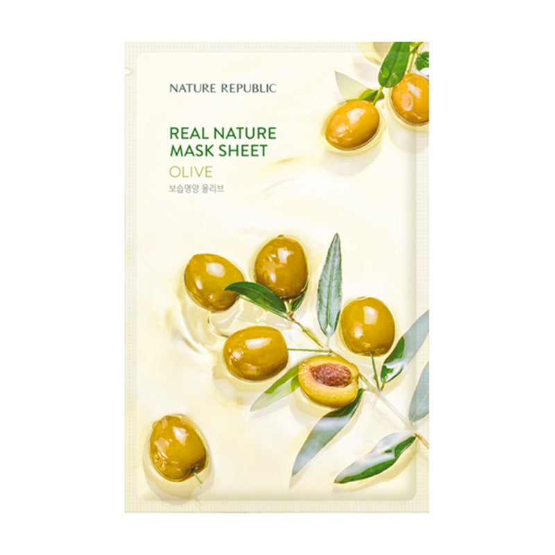 Natur Republic Real Nature Olive Mask Sheet med oliven og blade på lys baggrund.