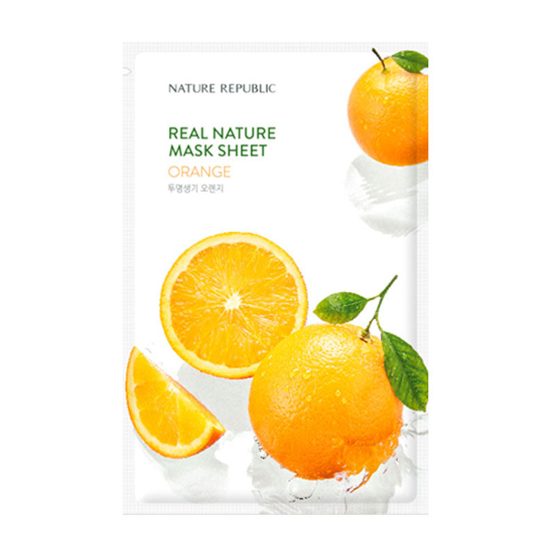 Pakke med Nature Republic Orange Mask, viser hele og skivede appelsiner med grønne blade.
