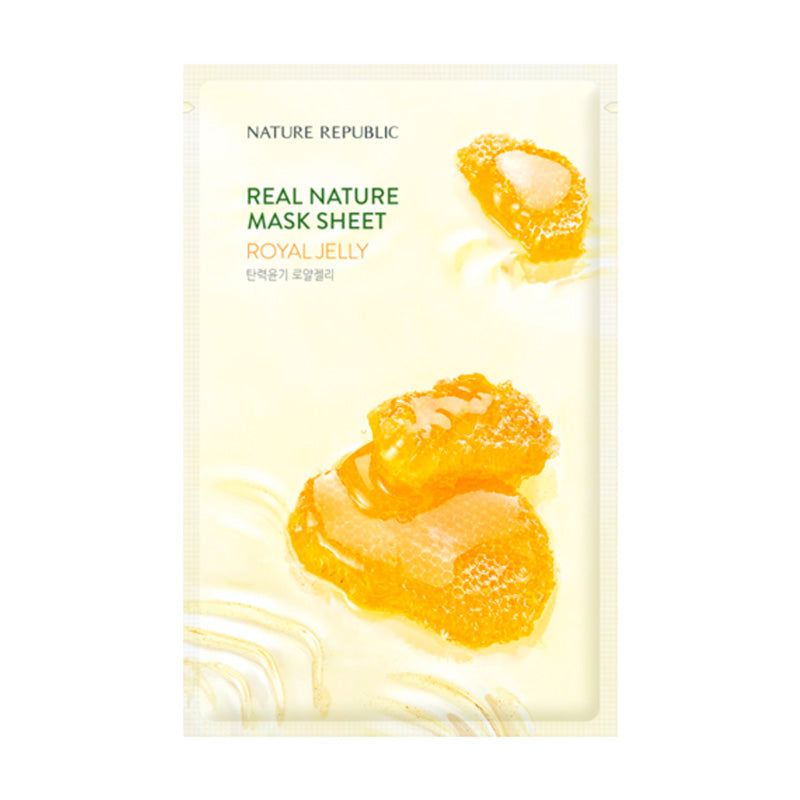 Forpakning af Nature Republic Royal Jelly Mask Sheet med honningkager og tekst.