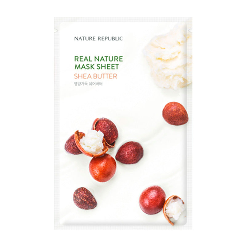 Pakke med Nature Republic maske. Billeder af sheanødder og smør. Tekst: Shea Butter.
