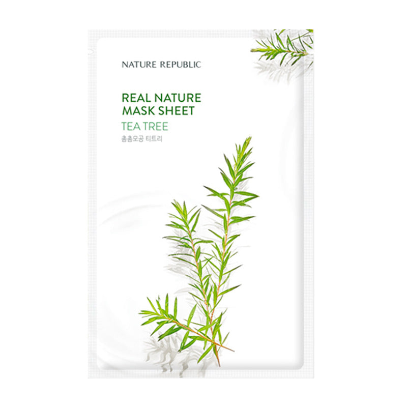 Pakke med Nature Republic Tea Tree Mask Sheet, dekoreret med te-træ grene.