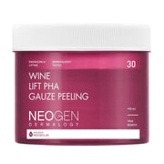 Rød krukke med hvidt låg, tekst: "Wine Lift PHA Gauze Peeling", 30 stk, 190 ml, Neogen Dermatology.