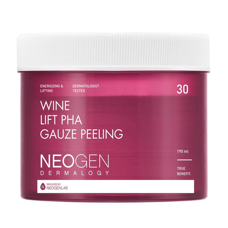 Rød krukke med hvidt låg, tekst: "Wine Lift PHA Gauze Peeling", 30 stk, 190 ml, Neogen Dermatology.