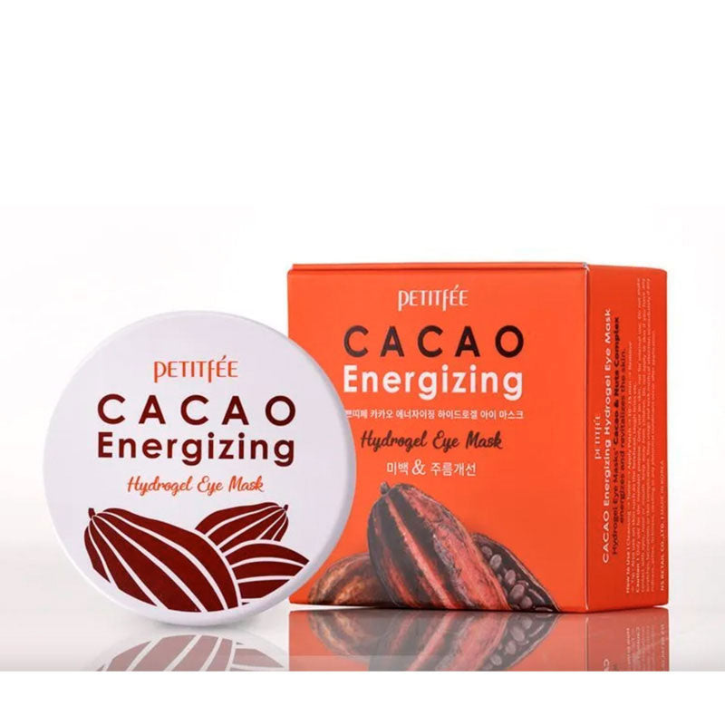 Rund beholder og orange æske til Petitfee Cacao Energizing Hydrogel Eye Mask med kakaobælg-design.