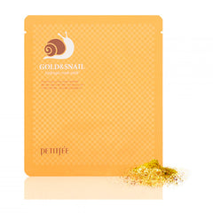 Orange pakke med sneglelogo og tekst "Gold & Snail Hydrogel Mask Pack", guldpulver ved siden af.