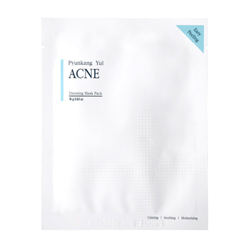 Hvid pakke med teksten "Pyunkang Yul Acne Dressing Mask Pack", 18g. Tekst: "Calming, Soothing".