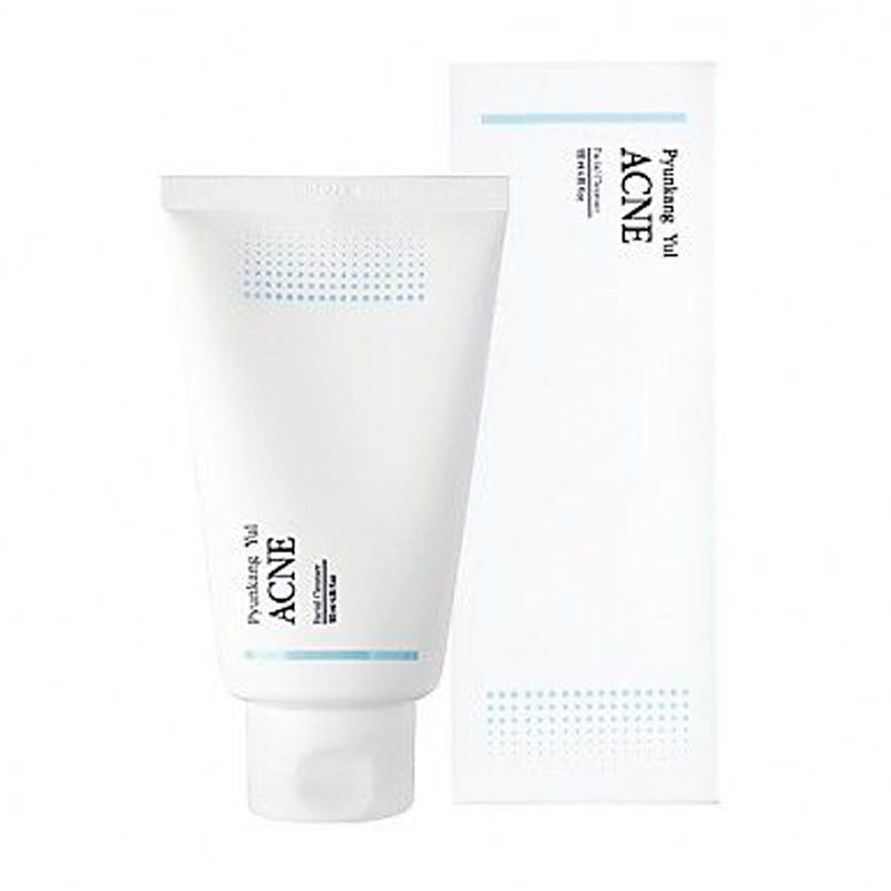 Tube og æske af Pyunkang Yul Acne Facial Cleanser i enkelt, hvidt design med blå detaljer.