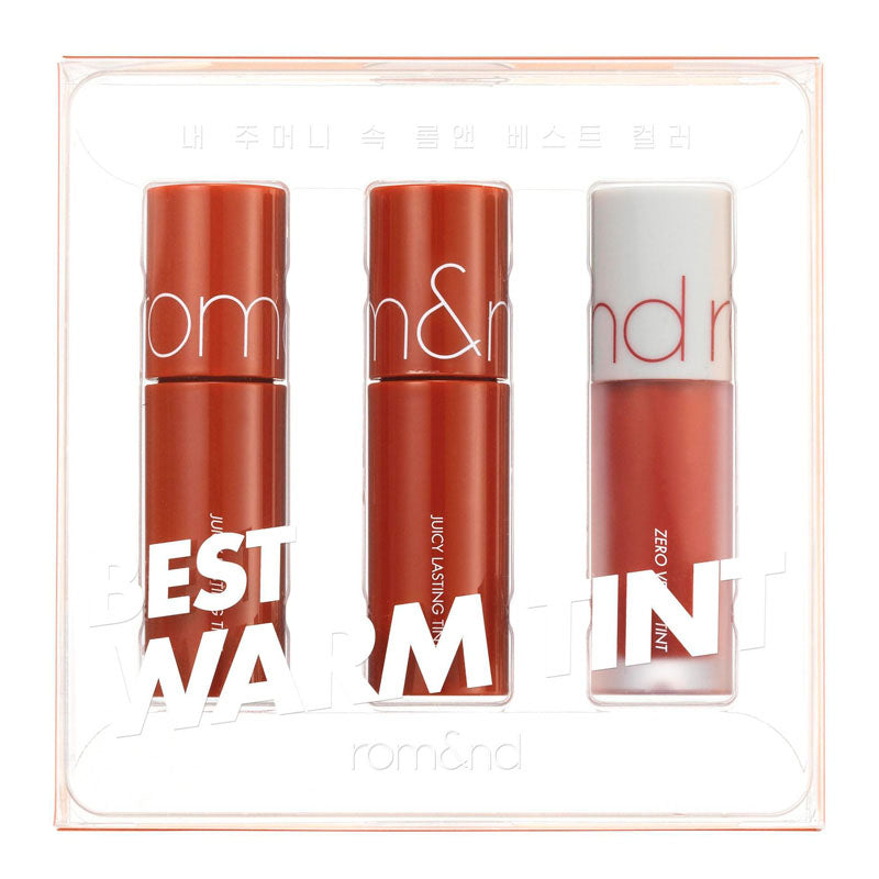 Tre varme nuancer af Rom&nd lip tint i en boks med teksten "Best Warm Tint."