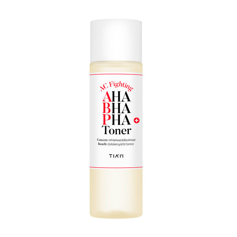 Transparent flaske med hvidt label. Tekst: "AC Fighting AHA BHA PHA Toner".