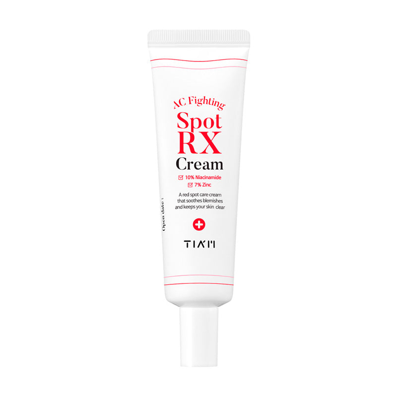 Hvid tube med rød tekst "AC Fighting Spot RX Cream", 10% Niacinamid, 7% Zink.