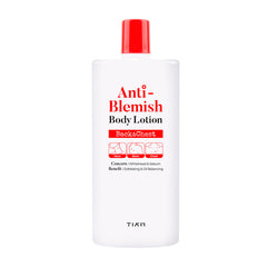 Hvid flaske med rød tekst: "Anti-Blemish Body Lotion", illustrerer nakke, ryg og bryst.
