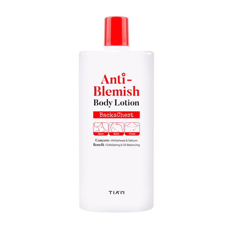 Hvid flaske med rød tekst: "Anti-Blemish Body Lotion", illustrerer nakke, ryg og bryst.