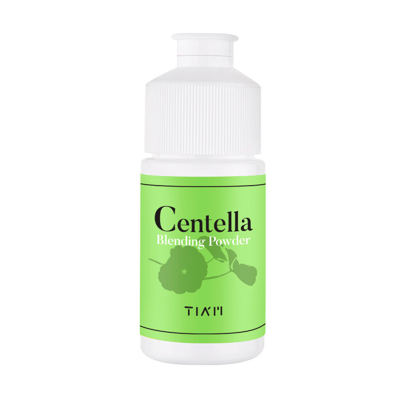 Hvid flaske med grøn etiket, "Centella Blending Powder" og planteillustration, mærket TIA'M.