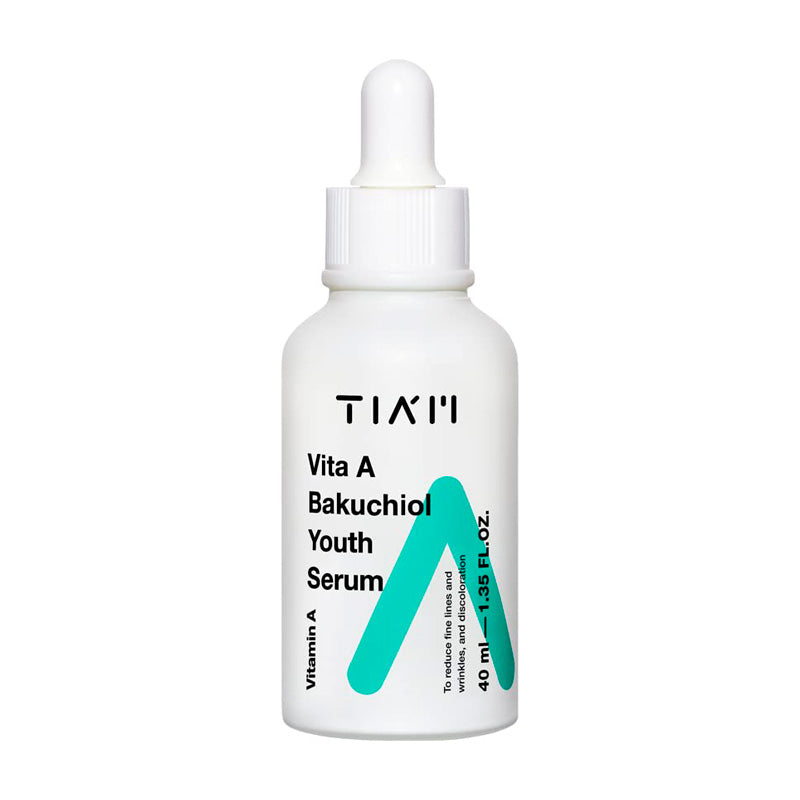Hvid dropperflaske med sort og teal tekst: "TIA'M Vita A Bakuchiol Youth Serum".