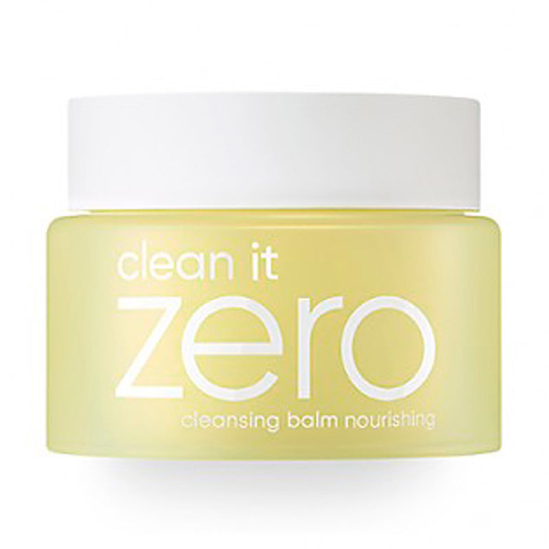Gul krukke med hvidt låg, mærket "clean it zero cleansing balm nourishing" i hvid skrift.