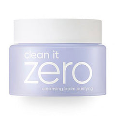 Lyselilla krukke med teksten "clean it zero cleansing balm purifying" på etiketten.