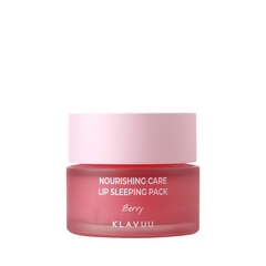Lyserød krukke med tekst "Nourishing Care Lip Sleeping Pack Berry" og mærket "Klavuu."