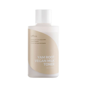 Hvid flaske med beige etiket, "Isntree Yam Root Vegan Milk Toner", 200 ml, fugt og hudbeskyttelse.