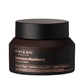 Mørk krukke med Mary&May Idebenone Blackberry Intense Cream, 70 g, til hudopstramning og hydrering.