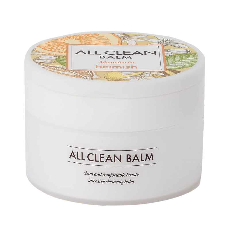 Hvid beholder med Heimish All Clean Balm Mandarin. Farverige illustrationer på låget.