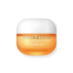 Orange krukke med hvidt låg, teksten "Radian-C Cream" og "Laneige" på forsiden.