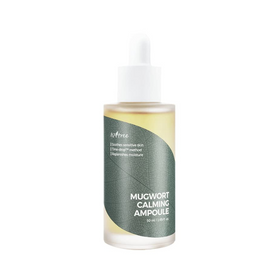 Flaske med grøn etiket og hvid pipette, tekst: "Mugwort Calming Ampoule", 50 ml.