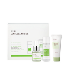 iUNIK Centella Mini Set med serum, toner og creme i hvide og grønne beholdere foran æsken.
